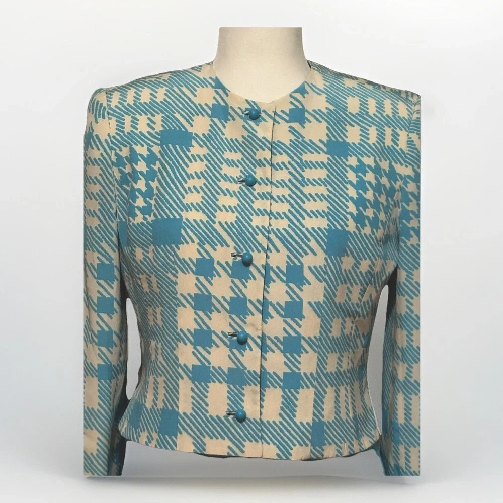 VTG David Hayes Montaldos Silk Sheath Dress Jacket Set 6 Blue White Designer 80s - Picture 2 of 14